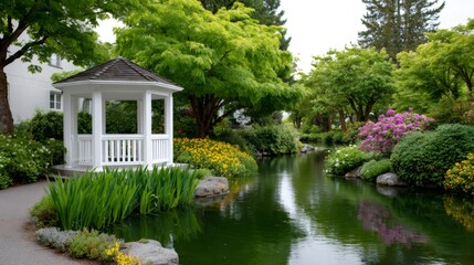 Obraz premium White gazebo standing by tranquil pond in green garden