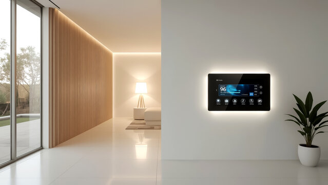 Modern smart home interior featuring a glowing wall interface and a touchscreen for controlling home automation, with soft lighting effects, representing the future of living. Home automation concept