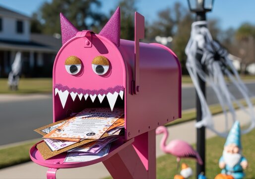 pink monster mailbox with halloween invitations on suburban street in daylight