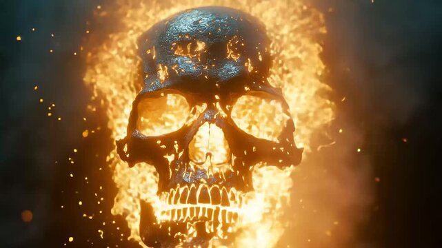 Burning skull with fiery flames, glowing embers, and a dark background generates a spooky, eerie, and scary feeling