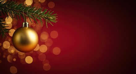 gold christmas ornament hanging with bokeh lights on red festive background with green pine
