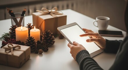 Woman browsing tablet with holiday gifts, candles, and coffee on white table at home