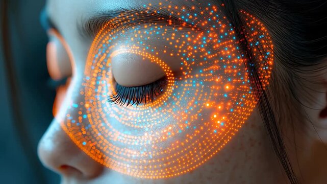 Close-up of asian woman's face with glowing orange and blue light pattern