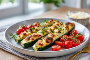 Baked zucchini halves stuffed with cheese and cherry tomatoes