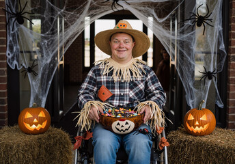 man in wheelchair dressed as scarecrow handing out halloween candy with pumpkin decorations
