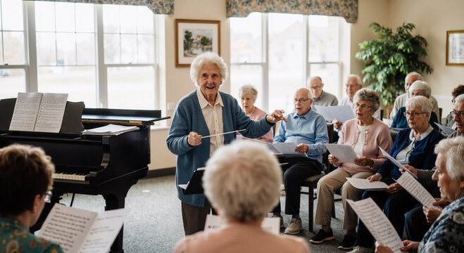 elderly choir group practicing in music room with bright natural light and piano accompaniment - Powered by Adobe