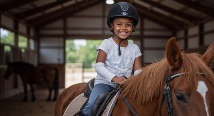 young girl smiling while horseback riding indoors in a stable wearing a helmet and casual attire