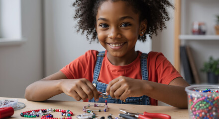 happy young girl creating handmade jewelry at home with colorful beads and tools for fun