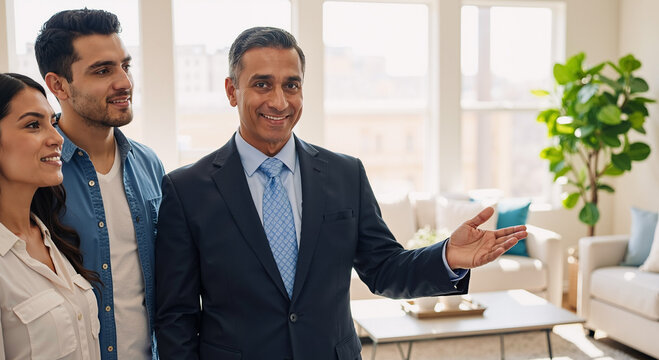 real estate agent showing modern apartment to young couple in brightly lit living room