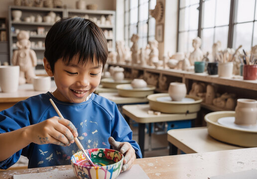 child enjoying pottery painting in bright ceramic studio with natural lighting and colorful glaze