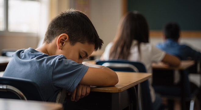 bored child resting in classroom during lesson, feeling sleepy and uninterested in learning - Powered by Adobe