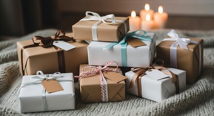 Wrapped Gifts Festive and Cozy Presents for Celebrations and Special Occasions, with Candles in the Background