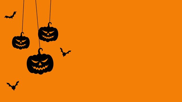 Looped Halloween animation with swinging hanging pumpkins and flying bats flapping their wings on orange background. Fun spooky motion graphic for seasonal holiday design and celebration