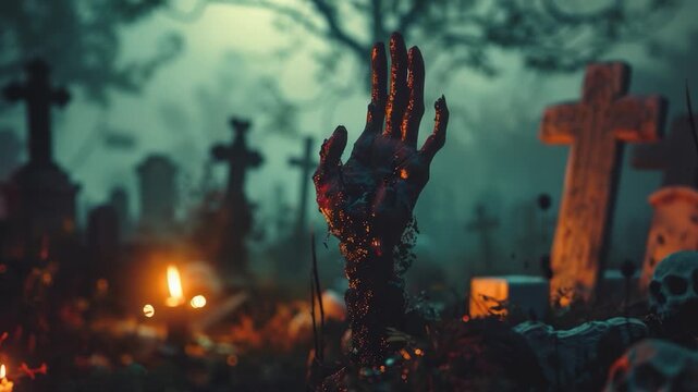 video A decomposing hand emerges from a grave, conveying the eerie atmosphere of a supernatural scene