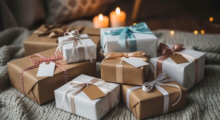 Warm Holiday Gifts Wrapped Presents with Candles on a Cozy Blanket