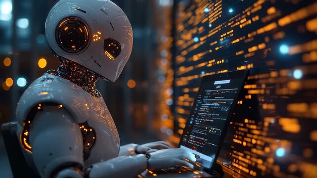 Robot programmer working on a laptop with digital data streams in a futuristic setting at night