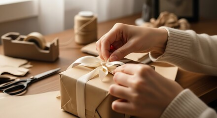 Hands wrapping a gift box with brown paper and white ribbon, decorated with a bow, ready for gifting and celebration