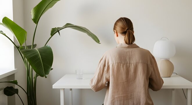 Woman working at desk home office with plant and lamp for productivity and focus tips on transparent background