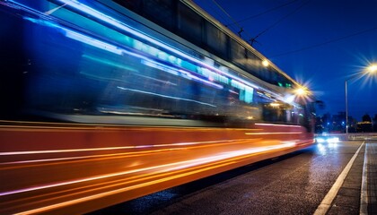 a blurred and illuminated nighttime scene of a bus in motion captured with a long exposure technique transportation