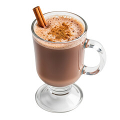 A glass of hot chocolate topped with foam and a cinnamon stick, isolated on transparent background