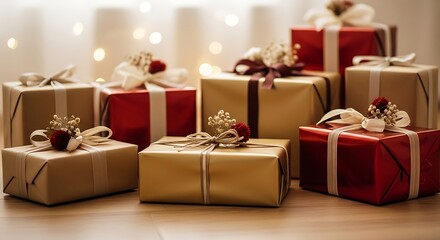 Beautifully Wrapped Gifts with Ribbons and Bows on a Bokeh Background