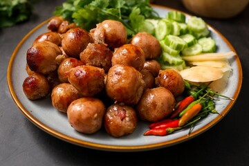Griled Isaan sausages in a white plate ,Thai called sai krok isan	