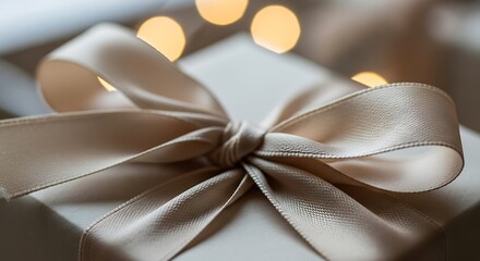 Luxury gift concept with a beautifully tied satin bow on a present box, perfect for Christmas, anniversary, or birthday surprises
