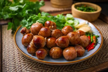 Griled Isaan sausages in a white plate ,Thai called sai krok isan	