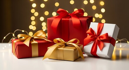 A stunning collection of beautifully wrapped red and gold gift boxes with elegant ribbons, set against a warm, festive background of bokeh lights