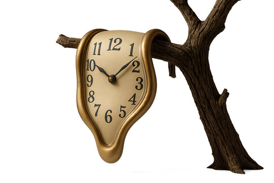Surreal Timepiece on Branch: A whimsical golden clock, reminiscent of melting time, draped gracefully over a textured wooden branch. The hands of the clock suggest the passage of time.