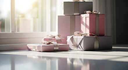 Stack of Gift Boxes with Ribbons, Sunlight and Reflections A Festive Composition