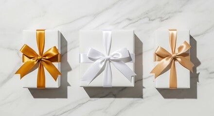 Three elegant white gift boxes tied with satin ribbons in gold, white, and champagne, resting on a marble surface, perfect for special occasions and celebrations