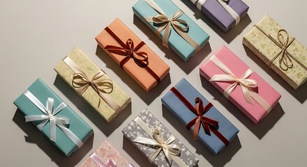 A vibrant assortment of beautifully wrapped gift boxes with decorative bows, arranged neatly on a neutral background for a special occasion