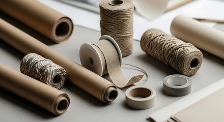 Rustic and eco-friendly packaging essentials featuring rolls of natural brown kraft paper, various styles of twine, and adhesive tape, ideal for sustainable crafting, gift wrapping, and DIY projects
