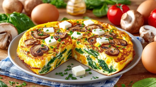 Frittata deliciosa con espinacas, champi&ntilde;ones y queso, perfecta para brunch
