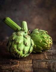 Fototapeta premium Two fresh artichokes on a rustic wooden surface