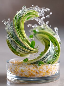 Fotograf&iacute;a din&aacute;mica de un torbellino de dinero y agua en un vaso, capturando movimiento y energ&iacute;a