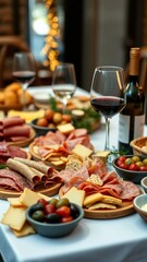 Appetizers table with differents antipasti charcuterie snacks and wine Sausage ham tapas olives chee