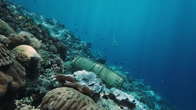 Freediver swims underwater in the tropical sea near the Alor island in Indonesia with traditional Bubu fishing trap located on the foreground