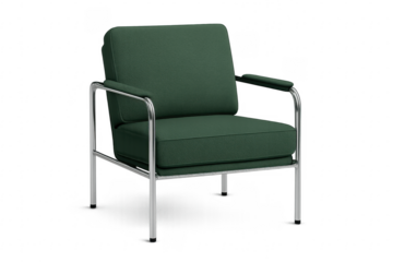 Green modern armchair featuring steel tubular frame