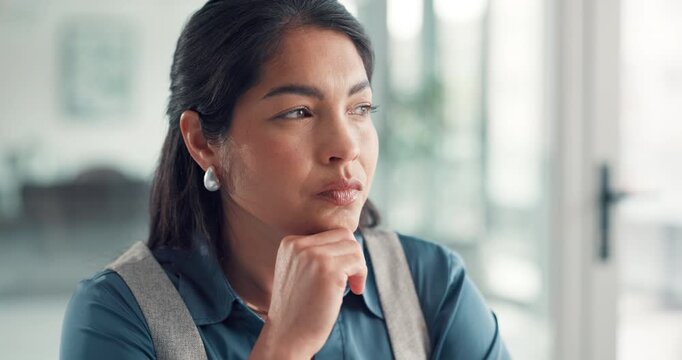 Thinking, reading and online with business woman for reflection, insurance fraud case and research. Investigation results, claims manager and vision with person in agency for lability audit and idea