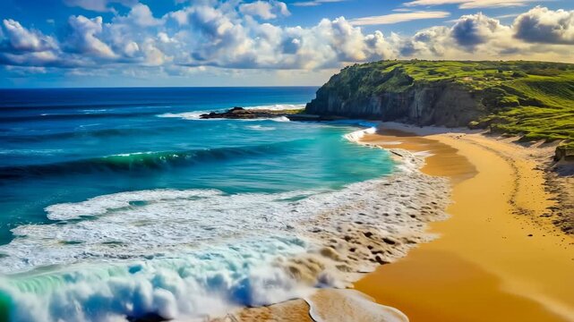 Majestic ocean waves crash onto a golden sandy beach beside a lush green cliff under a dramatic