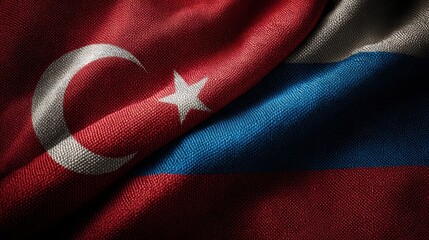 Flags of Turkey and Russia intertwined on a textured fabric background showcasing cultural ties and historical relations