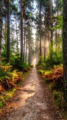 Obraz premium Sunlit path through a misty forest
