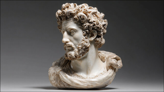 Detailed Marble Bust of Roman Emperor Commodus, Classical Sculpture with Expressive Curls and Drapery