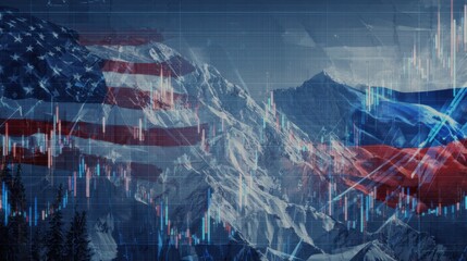 Financial market analysis showing American and Russian flags with mountain backdrop in a digital graphic