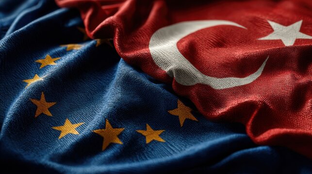 Turkey and European Union flags symbolize cultural and political connections during a moment of cooperation and discussion
