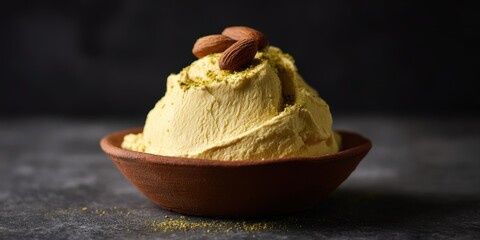 Afghan saffron sheer yakh in clay bowl with pistachio dust