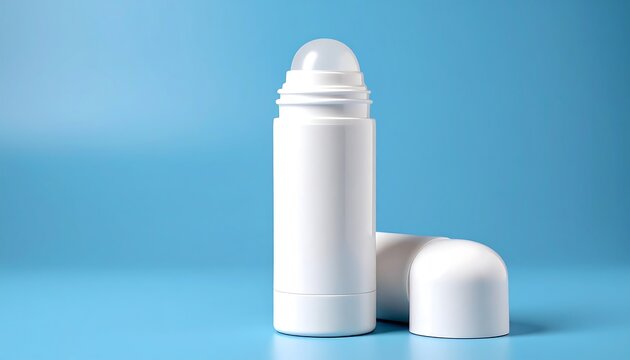 White roll-on deodorant container, open, on a light-blue surface