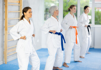 Obraz premium Women of different ages in kimono trying new martial moves at karate class